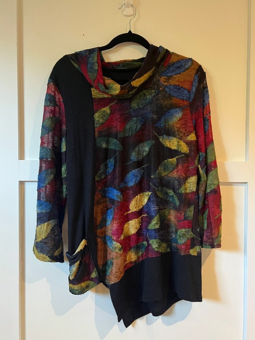 Papa Vancouver Tunic, Fall leaf print, Lagenlook, Cowl neck, Canadian